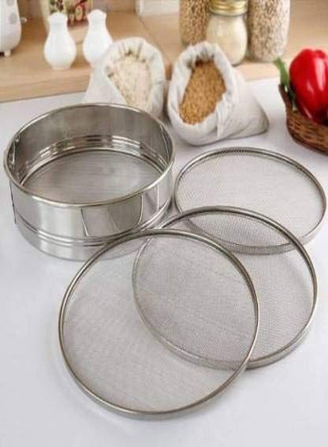 Elexiq Stainless Steel Interchangeable sieves Last Long 4 in 1 Food Strainers (Atta Chalni), Maida Sieves, Wheat Sieves, Rice Sieves, Cake Sugar Baking Kitchen Tools Sieve 8'' Chalni with 4 Nets. - Image 3